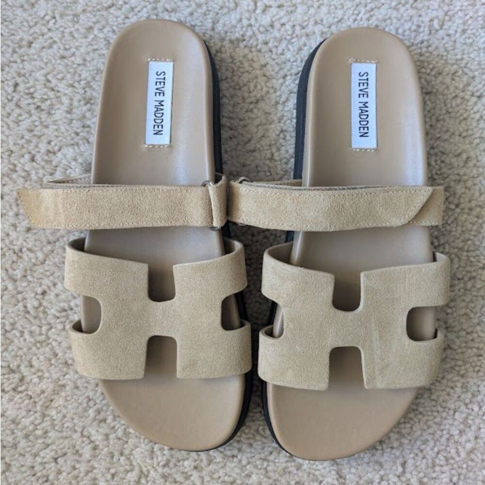 NWOT Steve Madden Tan Leather Adjustable Straps Sandal Slides Sz 9.5